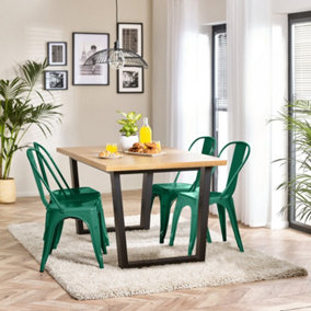 Furniturebox UK 4 Seater Wood Dining Table - Cotswold 'Oak' Herringbone Dining Table & 4 Green Colton Retro Metal Chairs