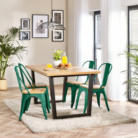 Furniturebox UK 4 Seater Wood Dining Table - Cotswold 'Oak' Herringbone Dining Table & 4 Green Colton Wooden Seat Metal Chairs