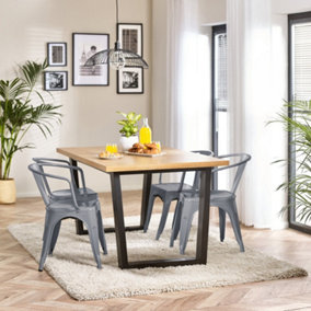 Furniturebox UK 4 Seater Wood Dining Table - Cotswold 'Oak' Herringbone Dining Table & 4 Grey Colton Retro Metal Arm Chairs