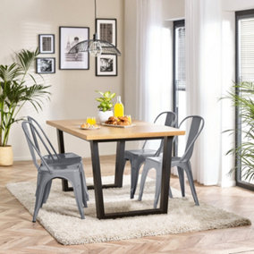 Furniturebox UK 4 Seater Wood Dining Table - Cotswold 'Oak' Herringbone Dining Table & 4 Grey Colton Retro Metal Chairs