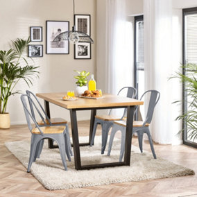 Furniturebox UK 4 Seater Wood Dining Table - Cotswold 'Oak' Herringbone Dining Table & 4 Grey Colton Wooden Seat Metal Chairs