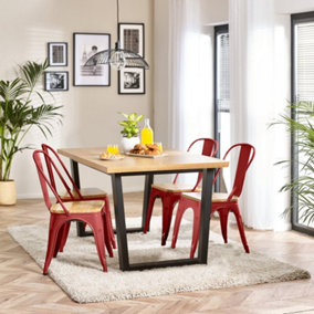 Furniturebox UK 4 Seater Wood Dining Table - Cotswold 'Oak' Herringbone Dining Table & 4 Red Colton Wooden Seat Metal Chairs