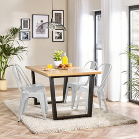 Furniturebox UK 4 Seater Wood Dining Table - Cotswold 'Oak' Herringbone Dining Table & 4 White Colton Retro Metal Chairs