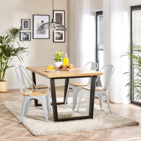 Furniturebox UK 4 Seater Wood Dining Table - Cotswold 'Oak' Herringbone Dining Table & 4 White Colton Wooden Seat Metal Chairs