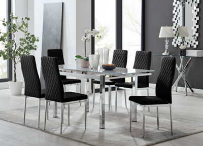 Furniturebox UK 6 Seater Dining Set - Enna White Glass & Chrome Extendable Dining Table and Chairs - 6 Black Velvet Milan Chairs