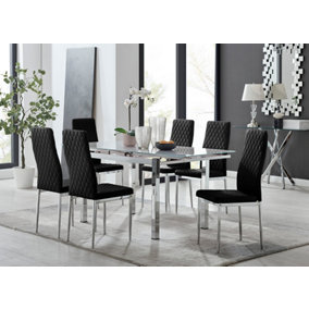 Furniturebox UK 6 Seater Dining Set - Enna White Glass & Chrome Extendable Dining Table and Chairs - 6 Black Velvet Milan Chairs