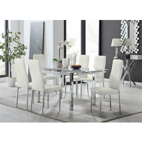 Furniturebox UK 6 Seater Dining Set - Enna White Glass & Chrome Extendable Dining Table and Chairs - 6 Cream Velvet Milan Chairs