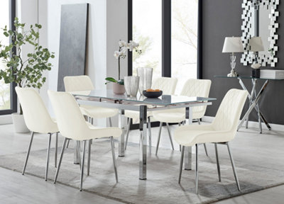 Furniturebox UK 6 Seater Dining Set - Enna White Glass & Chrome Extendable Dining Table and Chairs - 6 Cream Velvet Pesaro Chairs