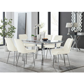 Furniturebox UK 6 Seater Dining Set - Enna White Glass & Chrome Extendable Dining Table and Chairs - 6 Cream Velvet Pesaro Chairs