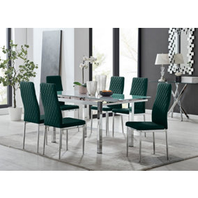 Furniturebox UK 6 Seater Dining Set - Enna White Glass & Chrome Extendable Dining Table and Chairs - 6 Green Velvet Milan Chairs