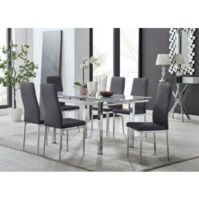 Furniturebox UK 6 Seater Dining Set - Enna White Glass & Chrome Extendable Dining Table and Chairs - 6 Grey Velvet Milan Chairs
