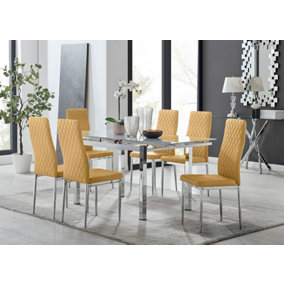 Furniturebox UK 6 Seater Dining Set - Enna White Glass & Chrome Extendable Dining Table and Chairs - 6 Mustard Velvet Milan Chairs