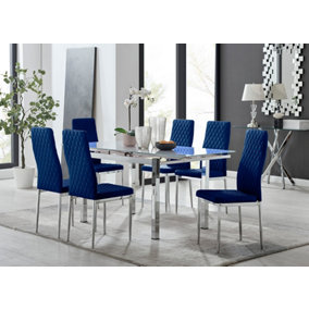 Furniturebox UK 6 Seater Dining Set - Enna White Glass & Chrome Extendable Dining Table and Chairs - 6 Navy Velvet Milan Chairs