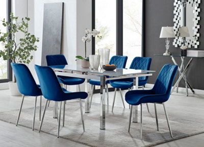 Furniturebox UK 6 Seater Dining Set - Enna White Glass & Chrome Extendable Dining Table and Chairs - 6 Navy Velvet Pesaro Chairs