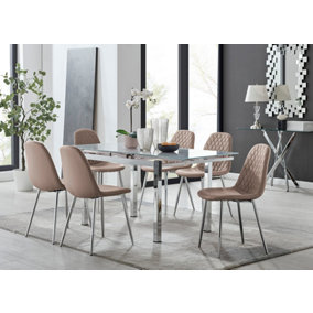 Furniturebox UK 6 Seater Dining Set - Enna White Glass & Chrome Extendable Dining Table & Chairs - 6 Beige Leather Corona Chairs