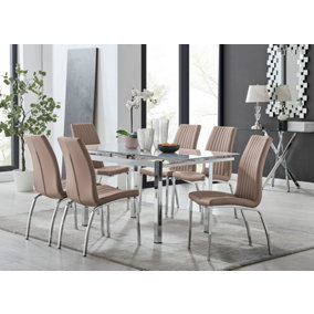 Furniturebox UK 6 Seater Dining Set - Enna White Glass & Chrome Extendable Dining Table & Chairs - 6 Beige Leather Isco Chairs
