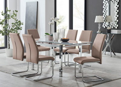 Furniturebox UK 6 Seater Dining Set - Enna White Glass & Chrome Extendable Dining Table & Chairs - 6 Beige Leather Lorenzo Chairs