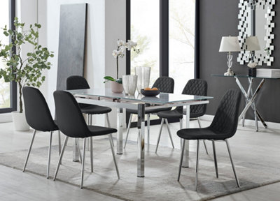 Furniturebox UK 6 Seater Dining Set - Enna White Glass & Chrome Extendable Dining Table & Chairs - 6 Black Leather Corona Chairs