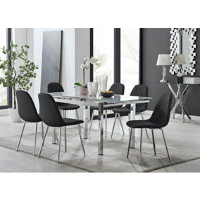 Furniturebox UK 6 Seater Dining Set - Enna White Glass & Chrome Extendable Dining Table & Chairs - 6 Black Leather Corona Chairs
