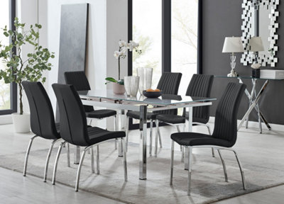 Furniturebox UK 6 Seater Dining Set - Enna White Glass & Chrome Extendable Dining Table & Chairs - 6 Black Leather Isco Chairs