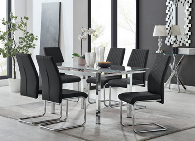 Furniturebox UK 6 Seater Dining Set - Enna White Glass & Chrome Extendable Dining Table & Chairs - 6 Black Leather Lorenzo Chairs