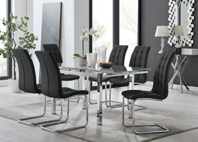 Furniturebox UK 6 Seater Dining Set - Enna White Glass & Chrome Extendable Dining Table & Chairs - 6 Black Leather Murano Chairs