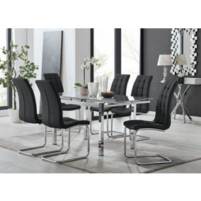 Furniturebox UK 6 Seater Dining Set - Enna White Glass & Chrome Extendable Dining Table & Chairs - 6 Black Leather Murano Chairs