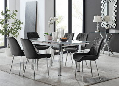Furniturebox UK 6 Seater Dining Set - Enna White Glass & Chrome Extendable Dining Table & Chairs - 6 Black Velvet Pesaro Chairs