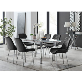 Furniturebox UK 6 Seater Dining Set - Enna White Glass & Chrome Extendable Dining Table & Chairs - 6 Black Velvet Pesaro Chairs