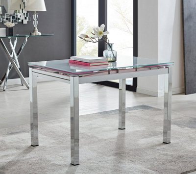 Furniturebox UK 6 Seater Dining Set - Enna White Glass & Chrome Extendable Dining Table & Chairs - 6 Blue Velvet Pesaro Chairs