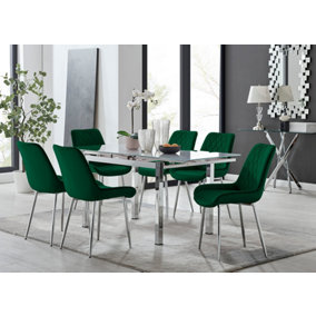 Furniturebox UK 6 Seater Dining Set - Enna White Glass & Chrome Extendable Dining Table & Chairs - 6 Green Velvet Pesaro Chairs
