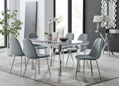 Furniturebox UK 6 Seater Dining Set - Enna White Glass & Chrome Extendable Dining Table & Chairs - 6 Grey Leather Corona Chairs