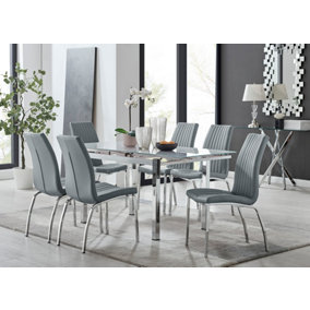 Furniturebox UK 6 Seater Dining Set - Enna White Glass & Chrome Extendable Dining Table & Chairs - 6 Grey Leather Isco Chairs