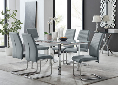Furniturebox UK 6 Seater Dining Set - Enna White Glass & Chrome Extendable Dining Table & Chairs - 6 Grey Leather Lorenzo Chairs