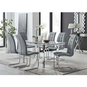 Furniturebox UK 6 Seater Dining Set - Enna White Glass & Chrome Extendable Dining Table & Chairs - 6 Grey Leather Murano Chairs