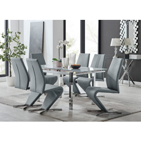 Furniturebox UK 6 Seater Dining Set - Enna White Glass & Chrome Extendable Dining Table & Chairs - 6 Grey Leather Willow Chairs