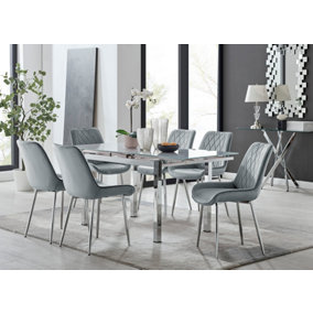 Furniturebox UK 6 Seater Dining Set - Enna White Glass & Chrome Extendable Dining Table & Chairs - 6 Grey Velvet Pesaro Chairs