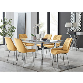 Furniturebox UK 6 Seater Dining Set - Enna White Glass & Chrome Extendable Dining Table & Chairs - 6 Mustard Velvet Pesaro Chairs