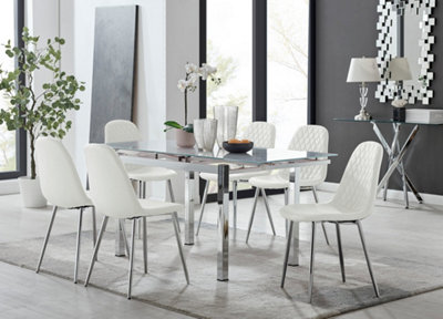 Furniturebox UK 6 Seater Dining Set - Enna White Glass & Chrome Extendable Dining Table & Chairs - 6 White Leather Corona Chairs