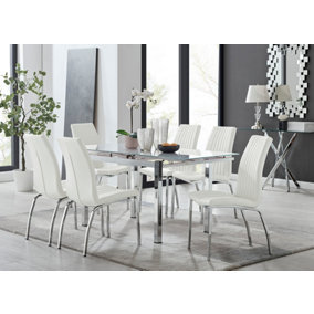 Furniturebox UK 6 Seater Dining Set - Enna White Glass & Chrome Extendable Dining Table & Chairs - 6 White Leather Isco Chairs