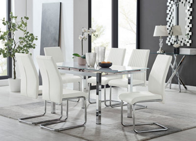 Furniturebox UK 6 Seater Dining Set - Enna White Glass & Chrome Extendable Dining Table & Chairs - 6 White Leather Lorenzo Chairs