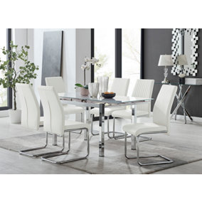Furniturebox UK 6 Seater Dining Set - Enna White Glass & Chrome Extendable Dining Table & Chairs - 6 White Leather Lorenzo Chairs