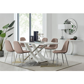 Furniturebox UK 6 Seater Dining Set - Mayfair High Gloss White Chrome Dining Table and Chairs - 6 Beige Faux Leather Corona Chairs