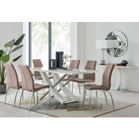 Furniturebox UK 6 Seater Dining Set - Mayfair High Gloss White Chrome Dining Table and Chairs - 6 Beige Faux Leather Isco Chairs