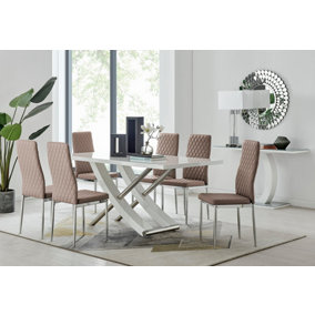 Furniturebox UK 6 Seater Dining Set - Mayfair High Gloss White Chrome Dining Table and Chairs - 6 Beige Faux Leather Milan Chairs