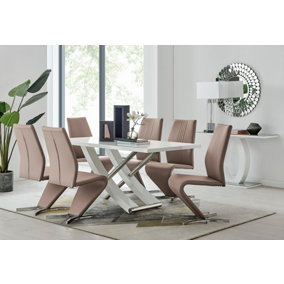 Furniturebox UK 6 Seater Dining Set - Mayfair High Gloss White Chrome Dining Table and Chairs - 6 Beige Faux Leather Willow Chairs