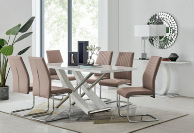Furniturebox UK 6 Seater Dining Set - Mayfair High Gloss White Chrome Dining Table and Chairs - 6 Beige Leather Lorenzo Chairs