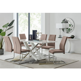 Furniturebox UK 6 Seater Dining Set - Mayfair High Gloss White Chrome Dining Table and Chairs - 6 Beige Leather Lorenzo Chairs