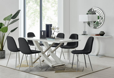 Furniturebox UK 6 Seater Dining Set - Mayfair High Gloss White Chrome Dining Table and Chairs - 6 Black Faux Leather Corona Chairs