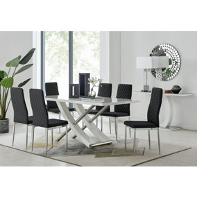 Furniturebox UK 6 Seater Dining Set - Mayfair High Gloss White Chrome Dining Table and Chairs - 6 Black Faux Leather Milan Chairs